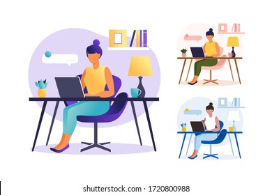 Woman sitting table with laptop. Working on a computer. Freelance, online education or social media concept. Freelance or studying concept. Flat style. Set vector illustration isolated on white.