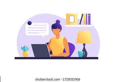 Woman sitting table with laptop. Working on a computer. Freelance, online education or social media concept. Freelance or studying concept. Flat style. Vector illustration isolated on white.