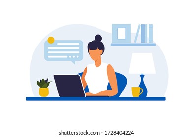 Woman sitting table with laptop. Working on a computer. Freelance, online education or social media concept. Freelance or studying concept. Flat style. Vector illustration isolated on white.