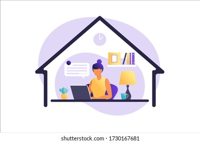 Woman sitting at the table with laptop. Working on a computer. Freelance, online education or social media concept. Working from home, remote job. Flat style. Vector illustration.