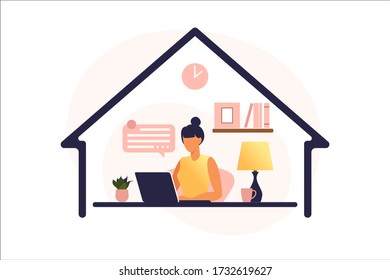 Woman sitting at the table with laptop. Working on a computer. Freelance, online education or social media concept. Working from home, remote job. Flat style. Vector illustration.