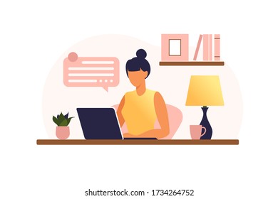 Woman sitting at the table with laptop. Working on a computer. Freelance, online education or social media concept. Working from home, remote job. Flat style. Vector illustration.
