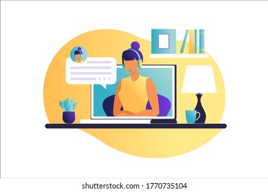 Woman sitting at the table with laptop. Working on a computer. Freelance, online education or social media concept. Working from home, remote job. Flat style. Vector illustration.