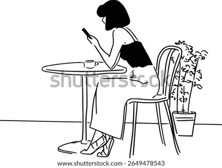Woman Sitting at a Café Table Looking at Her Phone – Minimal Line Art Illustration