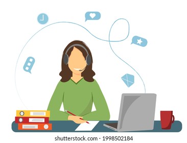 A woman sitting at the table with notebook, freelancer, online education concept, flat vector illustration