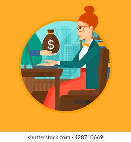 A woman sitting at the table in office and a bag of money coming out of her laptop. Online business concept. Business vector flat design illustration in the circle isolated on background.