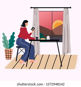 Woman sitting at the table, reading book, drinking coffee. Young girl have breakfast at home. Morning time, sunrise outside. Everyday routine. Flat vector in cute cartoon style