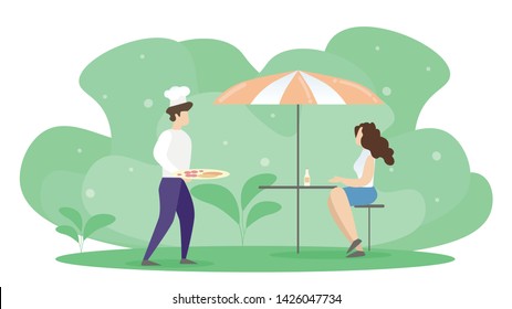 Woman Sitting at Table in Summer Cafe under Umbrella Waiting Order. Waiter Carry Tray with Pizza, Street Food. Open Air Restaurant in Day Time. Relaxing Girl Vacation. Cartoon Flat Vector Illustration