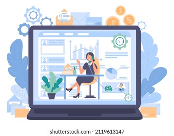 Woman is sitting at a table and talking on a retro phone. On the other end of the line is a consultant. In the background is a large laptop with an open analytical report. Vector illustration