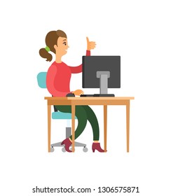 Woman sitting at table with thumb up vector isolated character. Female office worker at computer on chair, successful female and approval sign