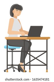 Woman is sitting at a table and working on a laptop. Isolated on white background. Flat design. Vector illustration.