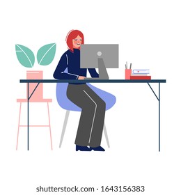 Woman Sitting at the Table and Working on the Laptop Computer in Office Vector Illustration