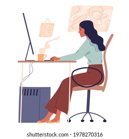 Woman sitting at table and working online at computer.