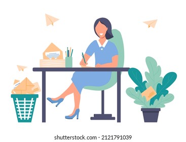 Woman is sitting at a table and writing letters with a pen. There's a stack of letters on the table. Paper planes are flying in the background. Vector illustration in flat style on a white background