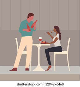 Woman sitting, talking and making an order. Vector illustration, isolated on dark background. - Vector