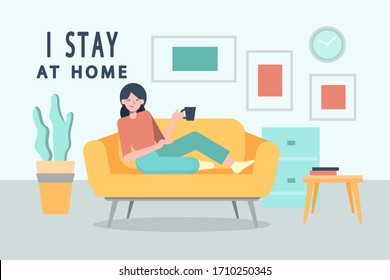 woman sitting at their home, room or apartment, Quarantine, stay at home concept, relaxing on sofa, Trendy flat vector illustration, EPS10.