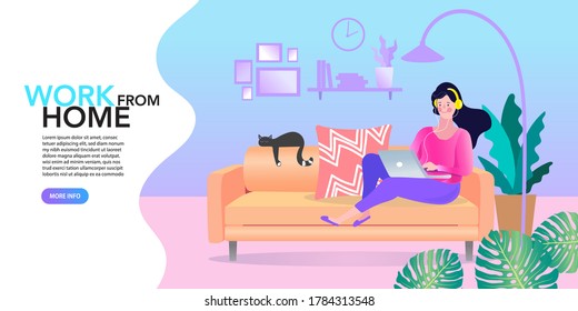 woman sitting at their home, room or apartment, Quarantine, stay at home concept, relaxing on sofa, Trendy flat vector illustration, EPS10.