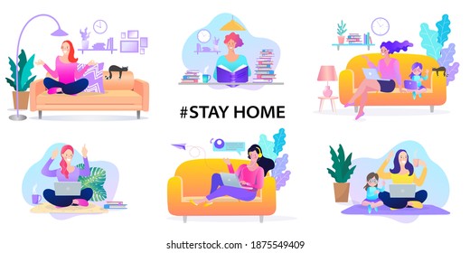 woman sitting at their home, room or apartment, Quarantine, stay at home concept, relaxing on sofa, Trendy flat vector illustration, EPS10.