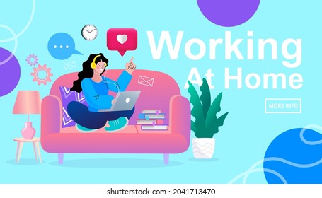 woman sitting at their home, room or apartment, Quarantine, stay at home concept, relaxing on sofa. Video conference. Remote work. people with computer. Trendy flat vector illustration, EPS10.