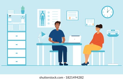 Woman sitting at a therapists appointment. A young doctor talking to a patient. Flat vector illustration