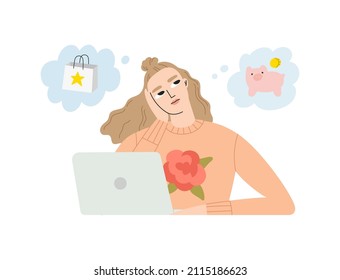 Woman sitting and thinking about sale, self budget and economy. Income, savings, deposit, analysis, finances, cost accounting. Hand drawn illustration. Think about future and finance planning concept
