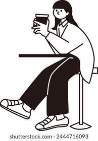 Woman sitting and thinking with coffee, line drawing, vector