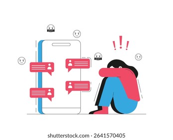 Woman sitting thinking sad because of cyber bullying, hate comments on social media. Character design. Vector flat illustration