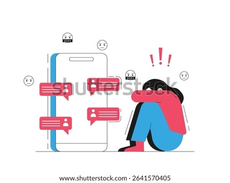 Woman sitting thinking sad because of cyber bullying, hate comments on social media. Character design. Vector flat illustration