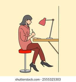 a woman is sitting thinking to write something with a table lamp for lighting, simple cartoon illustration concept