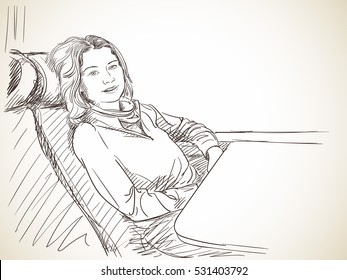 Woman sitting in train next to window, Vector sketch, Hand drawn illustration.