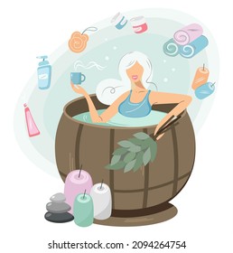 A woman is sitting in a tub. Bath interior design at home. The girl drinks coffee in the sauna. Female character surrounded by bath accessories with a broom. Spending time in the sauna concept. Vector