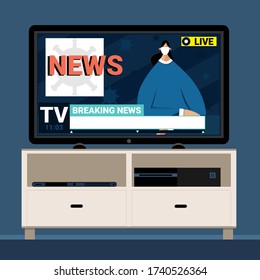 Woman is sitting in a TV studio. Newscaster in face mask is reporting breaking news about coronavirus. COVID-19 TV screen layout. Media on television concept. Flat vector illustration.