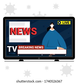 Woman is sitting in a TV studio. Newscaster in face mask is reporting breaking news about coronavirus. COVID-19 TV screen layout. Media on television concept. Flat vector illustration.