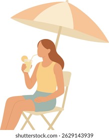 A woman sitting under beach umbrella drinking a lemonade on chair.