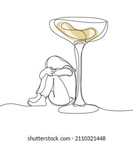 Woman sitting under glass of wine. Alcohol addiction concept. One continuous line drawing. Vector illustration