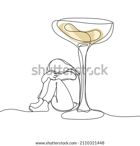 Woman sitting under glass of wine. Alcohol addiction concept. One continuous line drawing. Vector illustration
