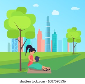 Woman sitting under tree and reading book in green city park skyscrapers background vector of brunette female in park, houses on backdrop