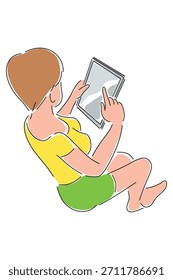 Woman sitting and using a digital tablet. Hand-drawn vector illustration of a girl browsing on a touchscreen device, doodle style isolated on white