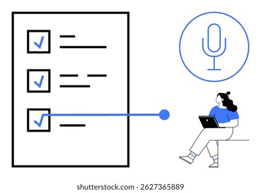 Woman sitting using laptop beside a large checklist and microphone symbol. Ideal for productivity, task management, remote work, podcasting, freelancing, organization, and planning. Line metaphor