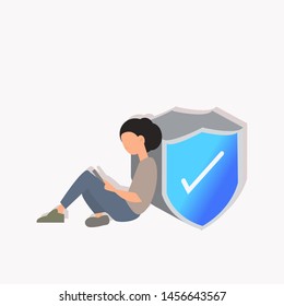 Woman sitting using security tablet. Vector flat design illustration on white square layout.