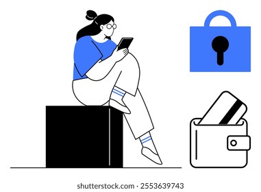 Woman sitting and using a smartphone. Lock represents security. Wallet with a credit card indicates online transactions. Ideal for security, technology, online payments, finance, privacy. Clean