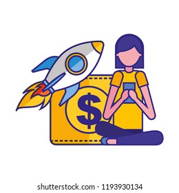 woman sitting using smartphone rocket wallet money
