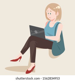 woman sitting using tablet or reading ebook. Book lover, reader, working isolated on background. Flat cartoon vector illustration.