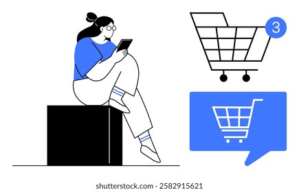 Woman sitting and using a tablet, shopping cart icon with notification, another cart icon in speech bubble. Ideal for e-commerce, digital shopping, online sales, retail marketing, customer