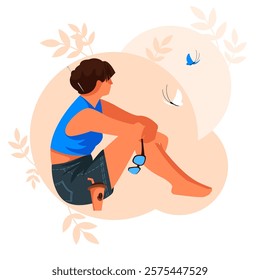 woman sitting. vector image of girl. woman drinking coffee. person on vacation