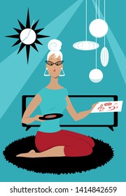 Woman sitting in a vintage apartment holding a vinyl record, EPS 8 vector illustration