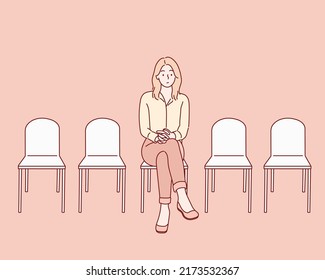 woman sitting in a waiting room. Hand drawn style vector design illustrations.