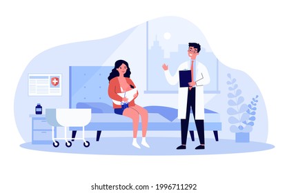 Woman Sitting In Ward And Breastfeeding Her Newborn Child. Flat Vector Illustration. Doctor Talking With New Mother, Holding Baby To Her Breast. Motherhood, Birth, Breastfeeding, Medical Care Concept