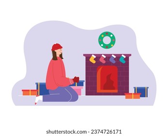 Woman sitting wearing a hat and sweater celebrating Christmas, with a decorated house. Character design. Vector flat illustration