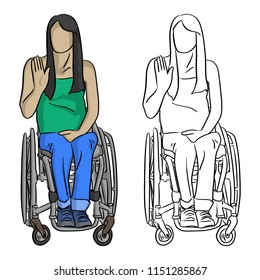 woman sitting in wheelchair with hand gesture vector illustration sketch doodle hand drawn with black lines isolated on white background